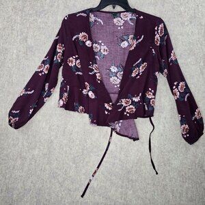 Wild Fable Women’s Wrap Blouse Purple Floral XXL Rayon Long Sleeve Boho Style
